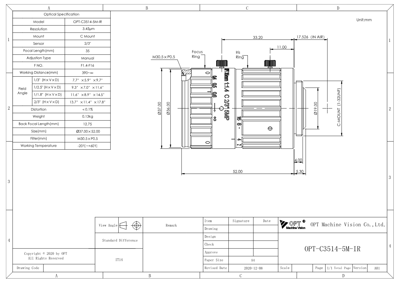 Maßzeichnung OPT-C3514-5M-IR