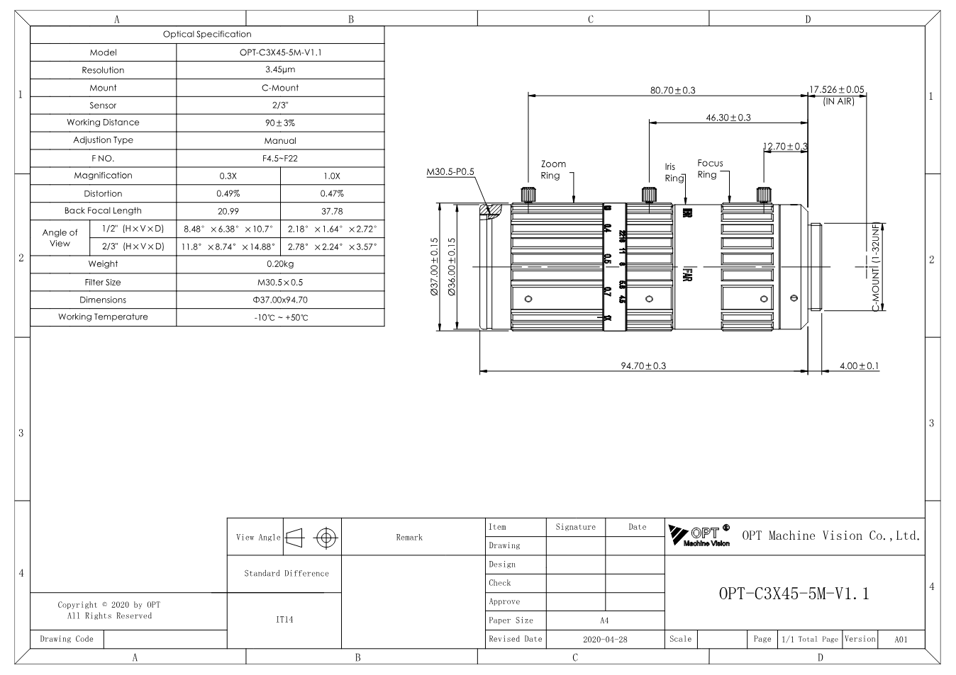Maßzeichnung OPT-C3X45-5M