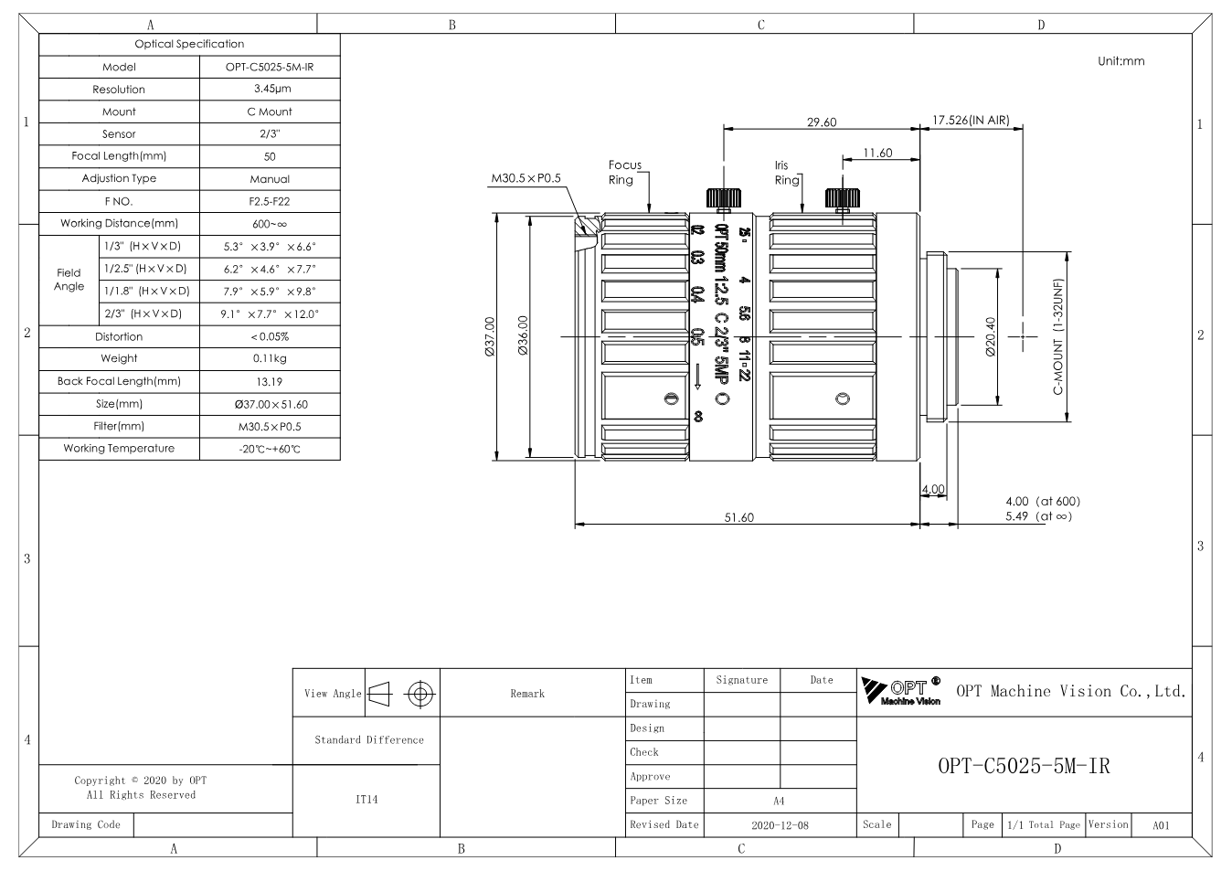 Maßzeichnung OPT-C5025-5M-IR
